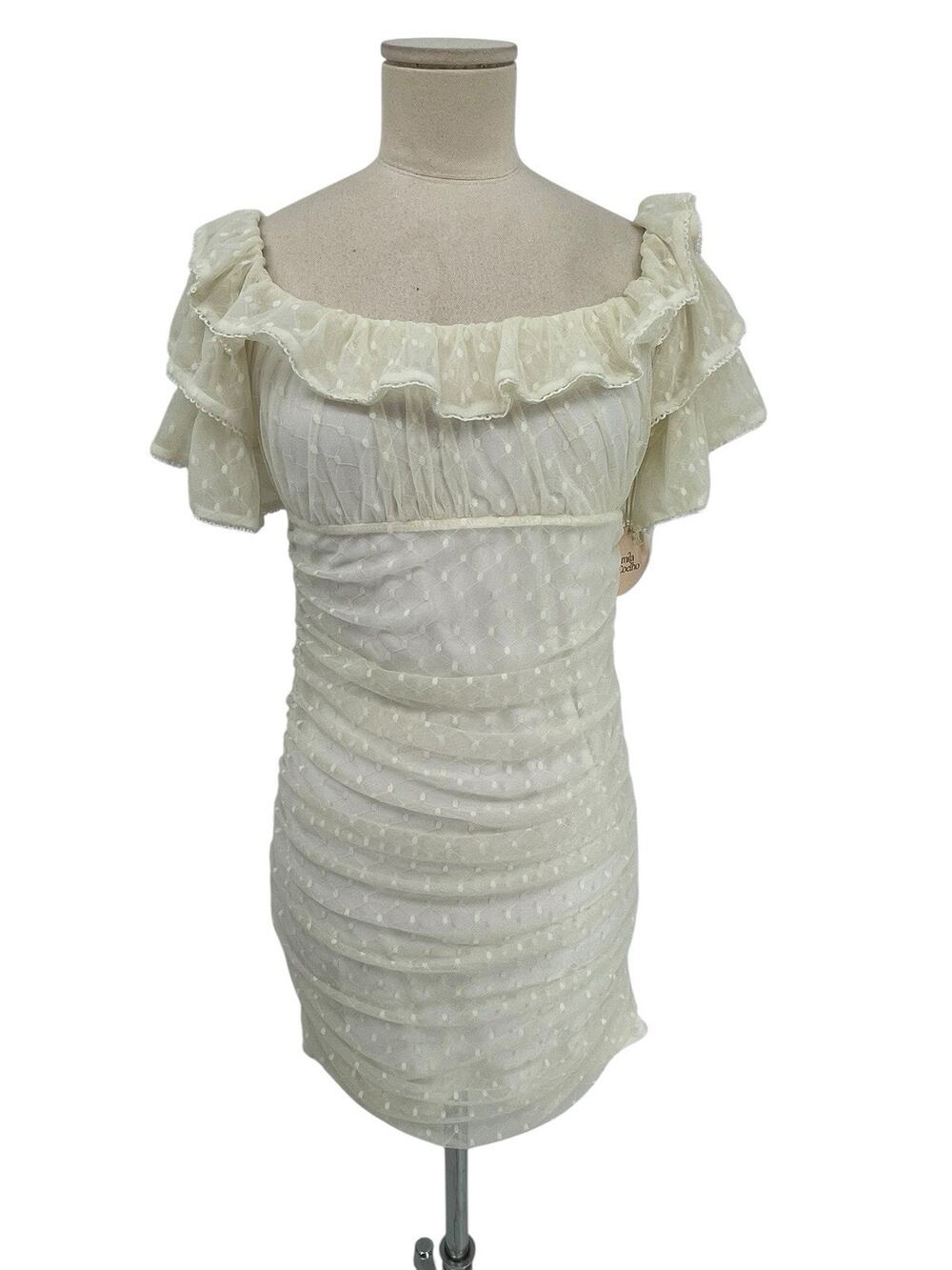 NWT Camilla Coelho Eva Mini Dress Ruched Mesh Ivory Off Shoulder Size Medium